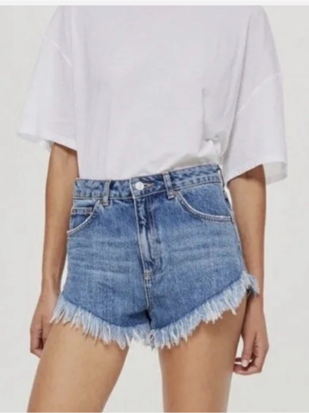 Topshop Light Blue High-Waist Frayed Hem Denim Shorts